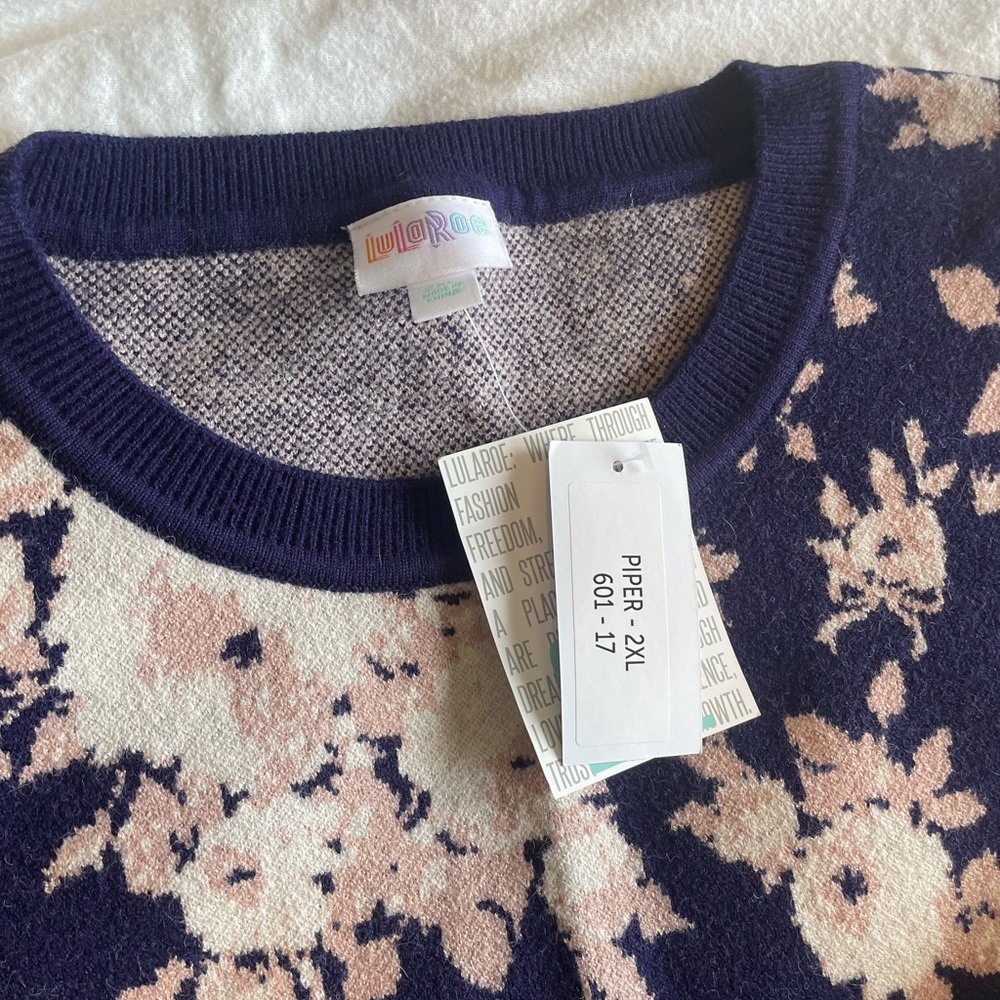 LuLaRoe Blue and Cream Crew Neck Sweater with Floral Design